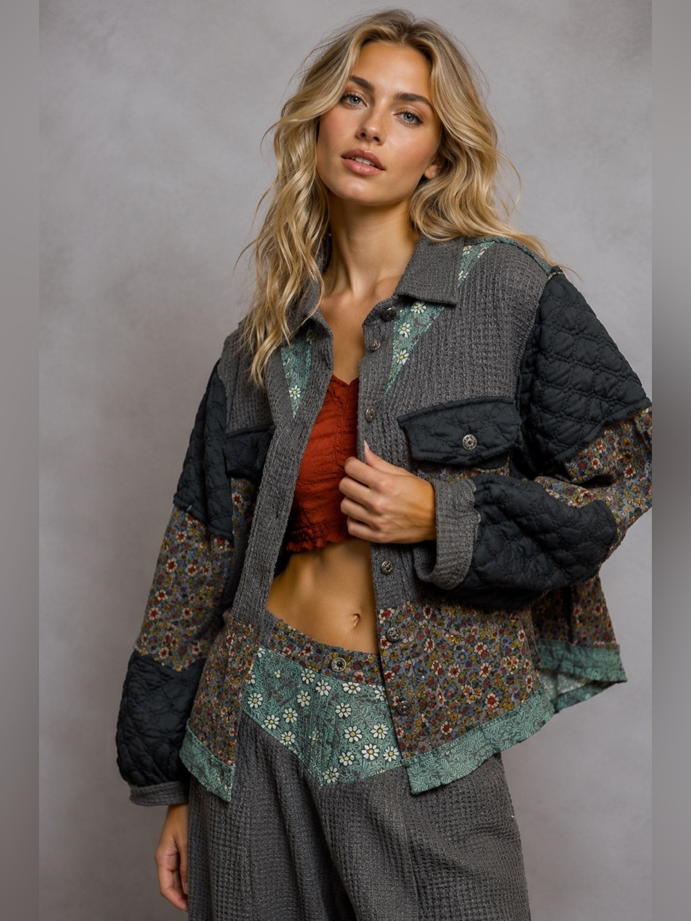 22. NWT POL Quilted Patchwork Jacket in Charcoal, Black & Teal - Pearl Bloom